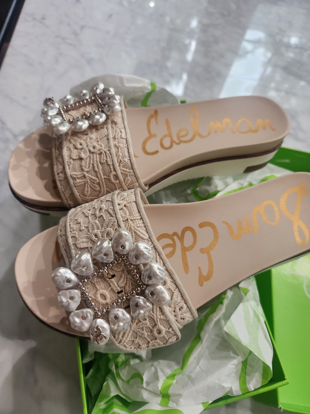 Sam Edelman Beize Lace Ivory Beaded Knit Slide Sandals, BRAND NEW w BOX. - Picture 2 of 5